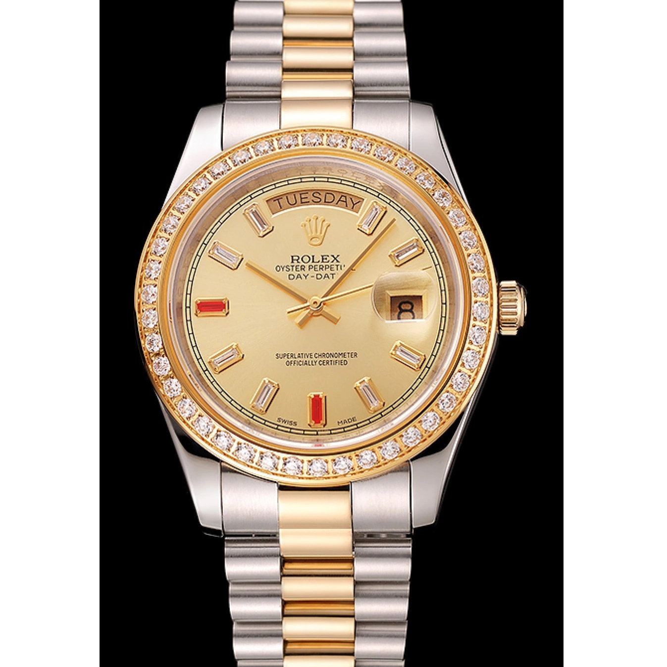 AAA Replica Watches Swiss Dial Diamonds Bracelet And 1454104 Tone Two Rubies Rolex Champagne Day-Date 0517